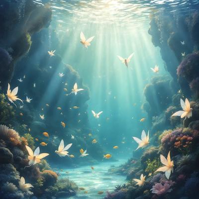 Primary subject: Butterflies
Setting/background: Underwater, surrounded by coral and sea plants
Visual style: Digital art
Colors and mood: Bright, vibrant colors, with a sense of wonder and serenity